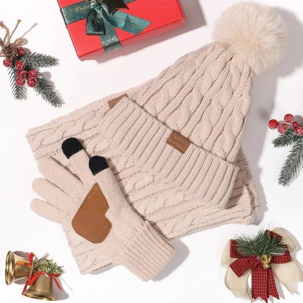 Women's Beige Winter Hat Scarf Gloves Set Long Neck Kint Scarf Valentines